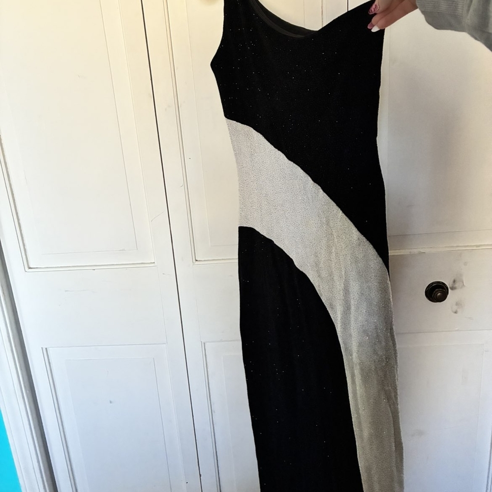 Betsy & Adam Black and Silver One Shoulder Dress
